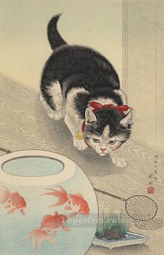  gatos Pintura - Gato y pecera de peces de colores 1933 Ohara Koson Shin hanga